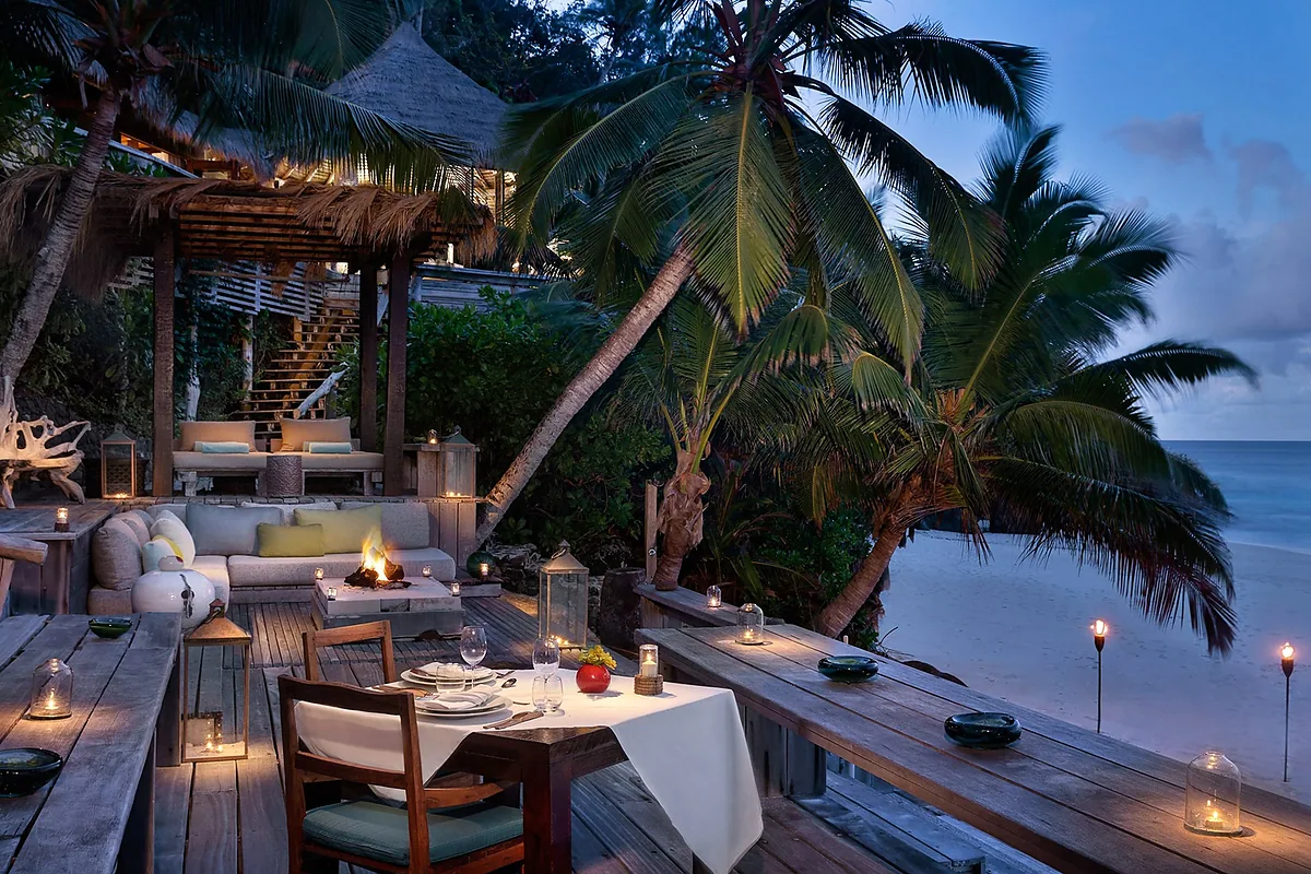 North Island in 30 minutes by helicopter from Mahé, Seychelles: restaurant, bar and dining terrace