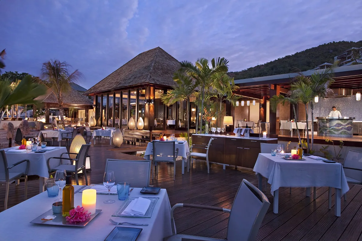 Raffles Seychelles in north east Praslin, Seychelles: restaurant, bar and dining terrace