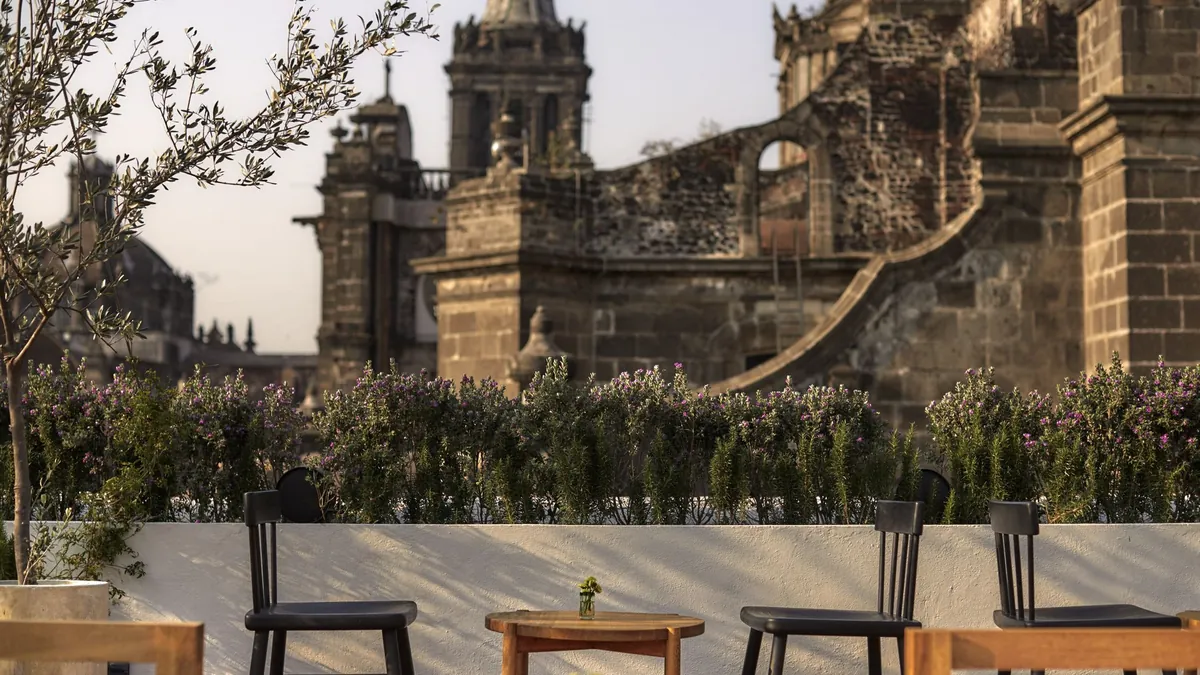 Rooftop terrace at Círculo Mexicano with a cathedral view and plunge pool
