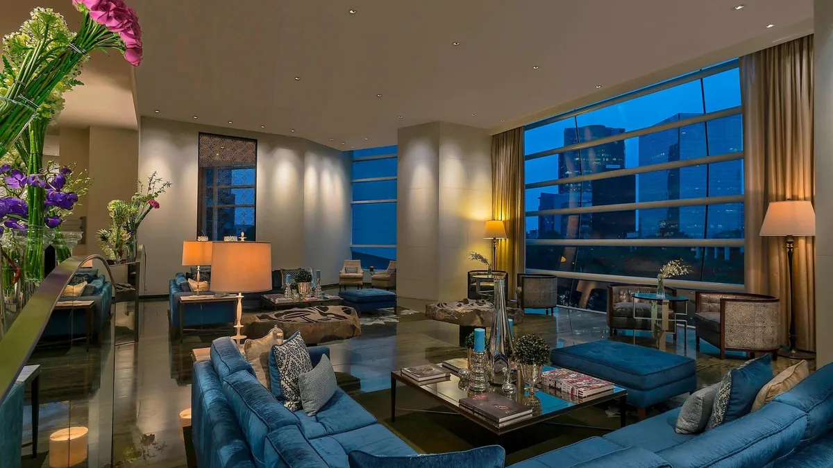 Lobby lounge at The St. Regis Mexico City with panoramic city view