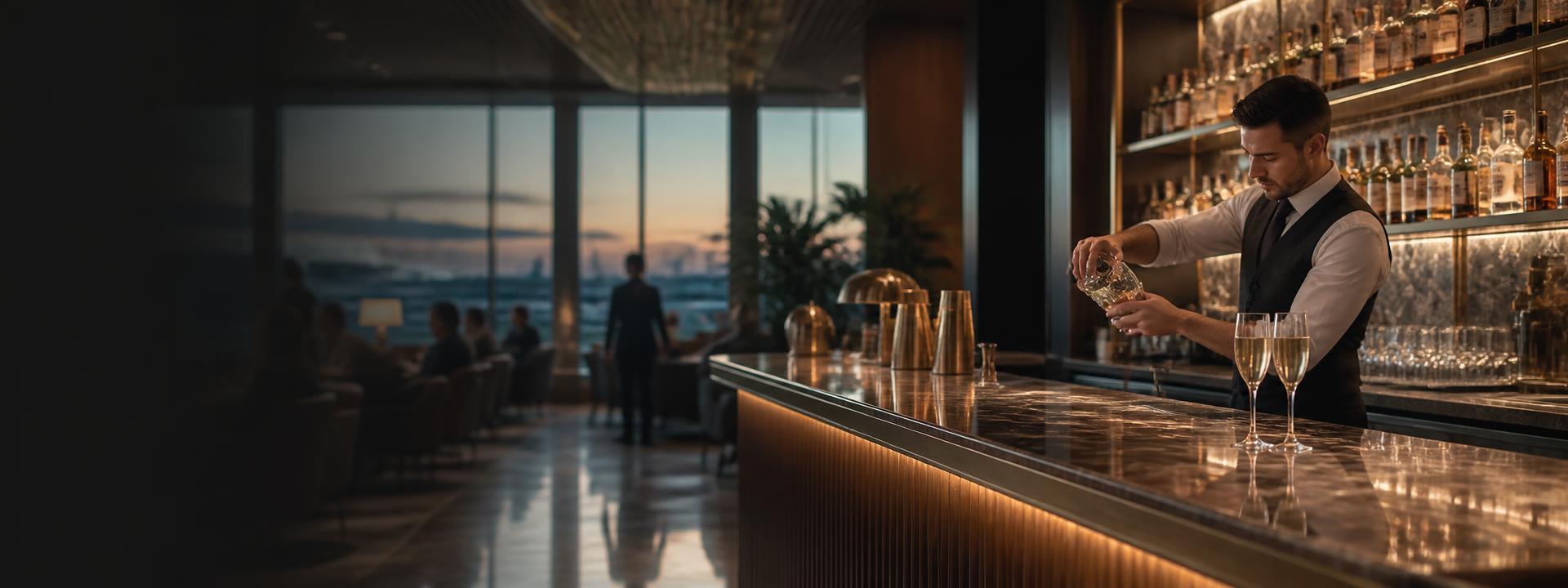 Bartender pouring a drink at a marble airport lounge bar with two glasses of champagne on the counter
