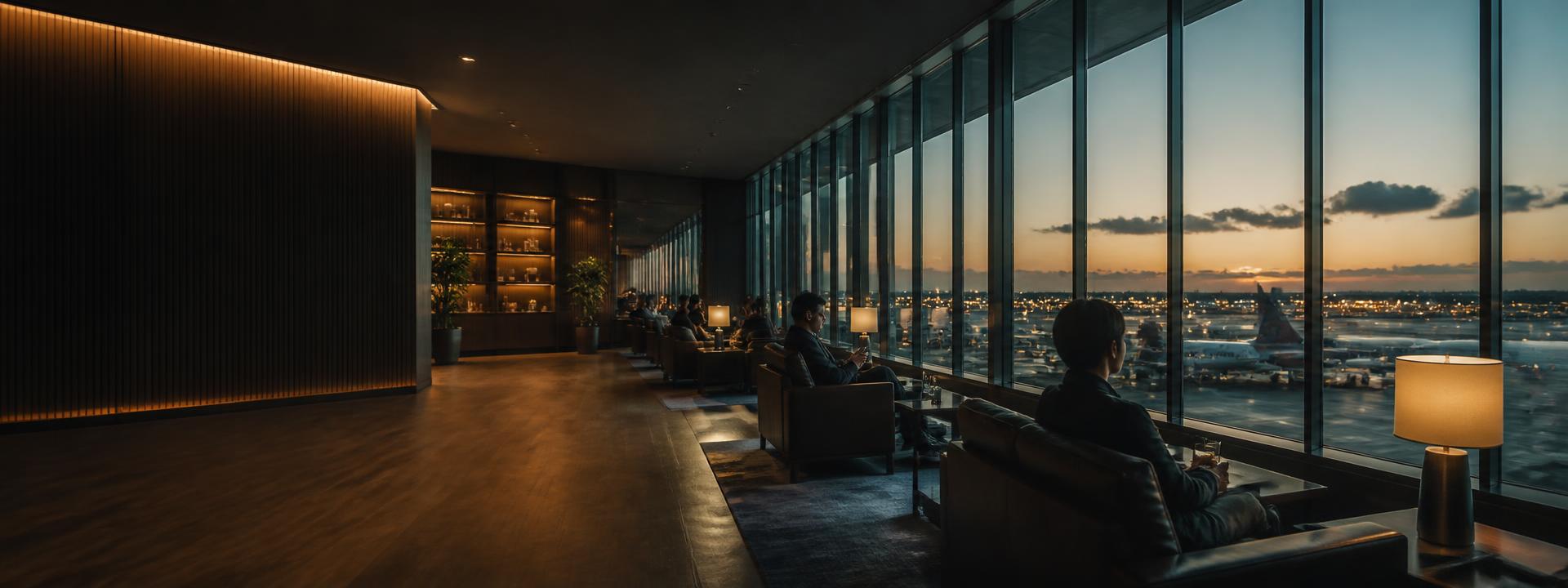 Premium airport lounge at dusk with floor to ceiling windows overlooking an airfield and runway lights