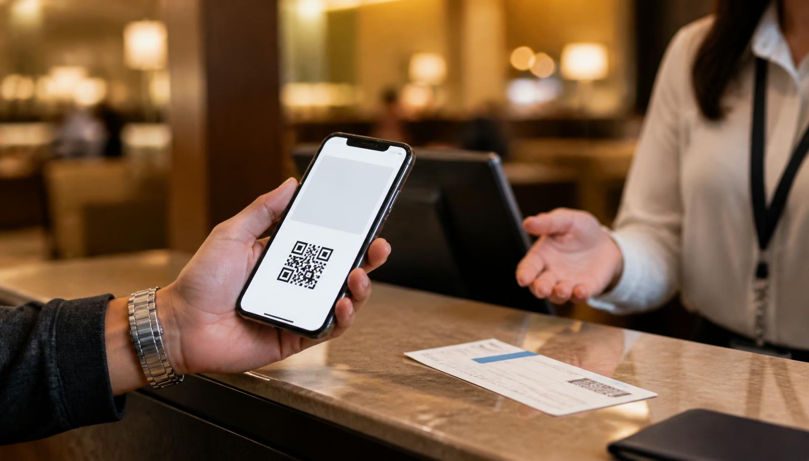 Traveller presenting a digital membership card with a QR code on a smartphone at an airport lounge reception desk