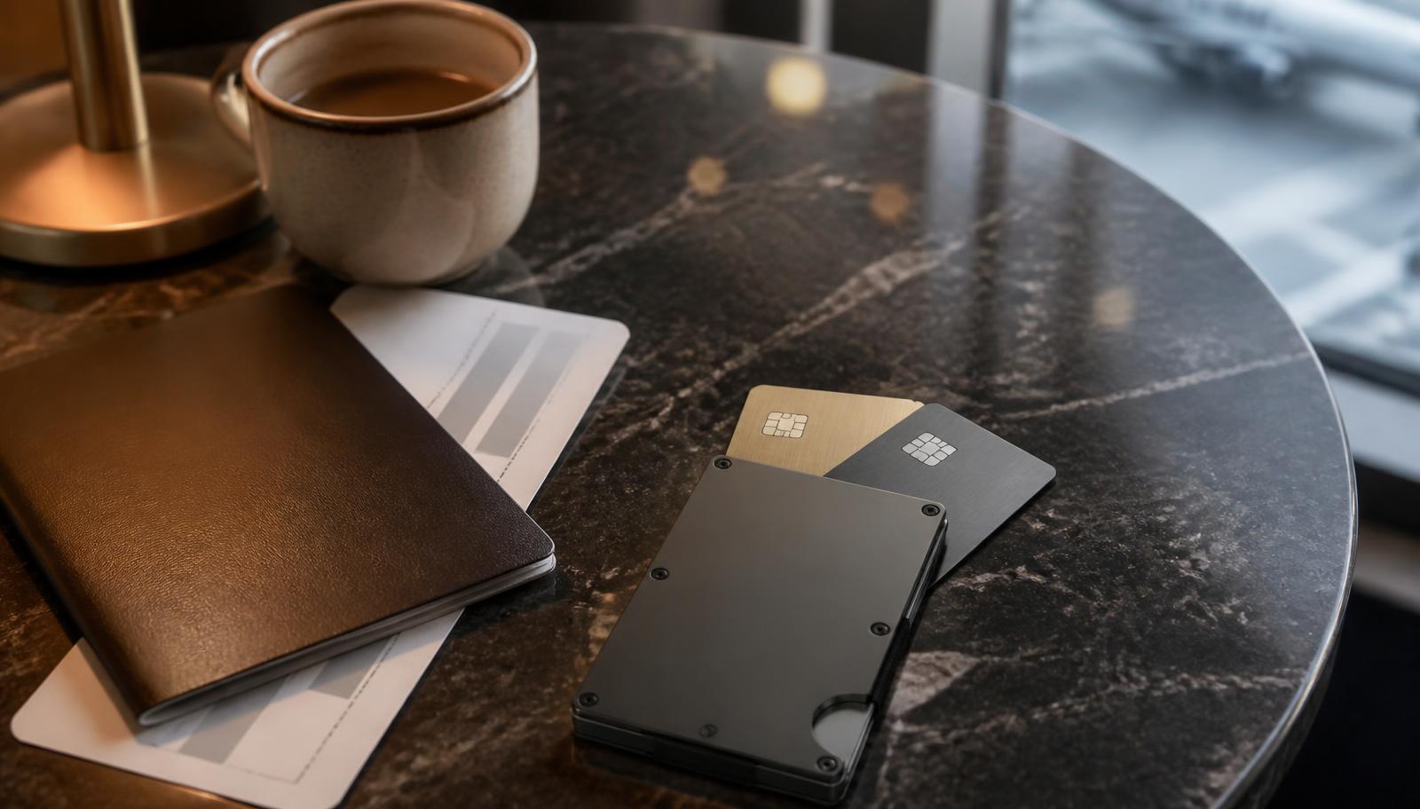 Premium metal charge cards, a passport and a boarding pass on a dark marble lounge table beside a coffee