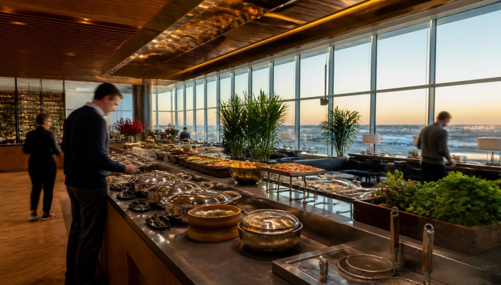 Hot buffet counter in a premium airport lounge with covered chafing dishes, fresh salads and an airfield view at sunset