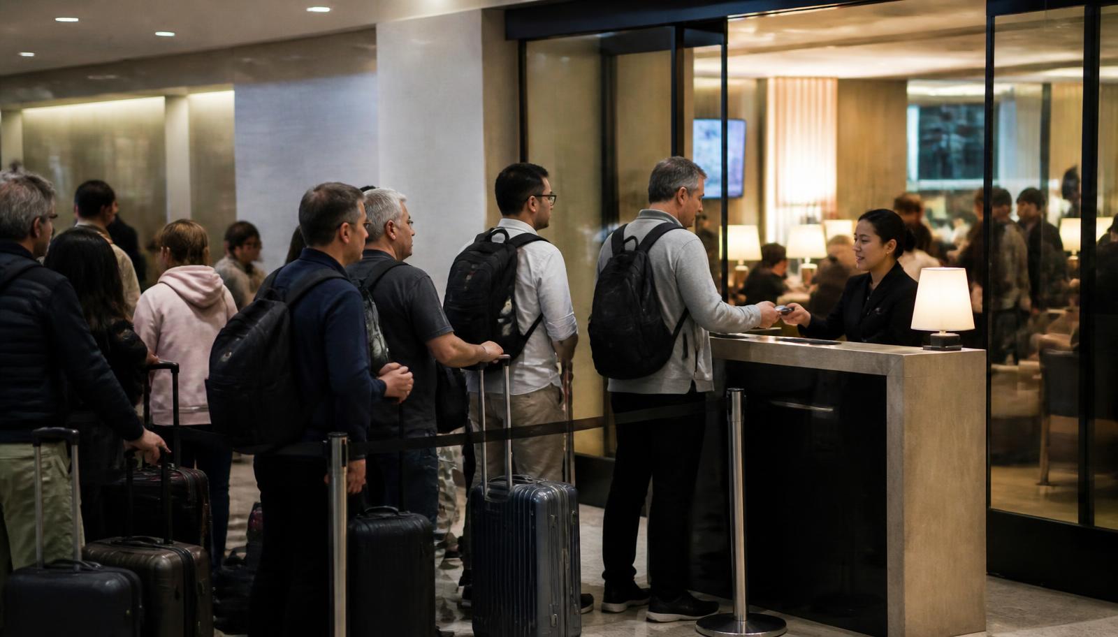Queue of travellers with carry on luggage waiting at an airport lounge reception desk during a busy evening
