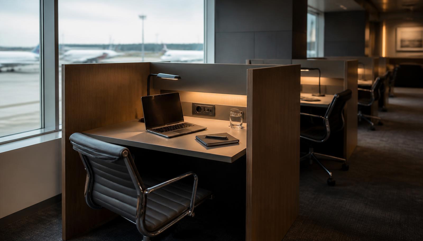 Quiet airport lounge work desk with a task lamp, laptop, power outlet and an airfield view through a large window