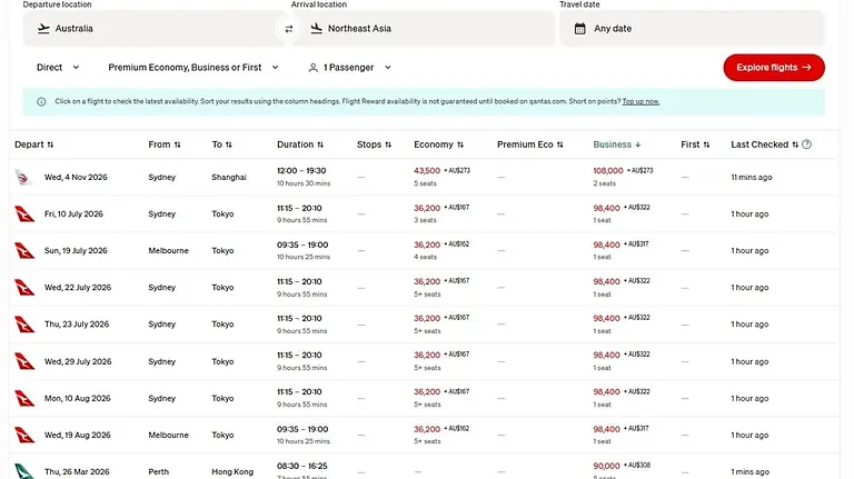 Qantas Classic Reward Flight Finder showing Business Class award seat results with points pricing and availability