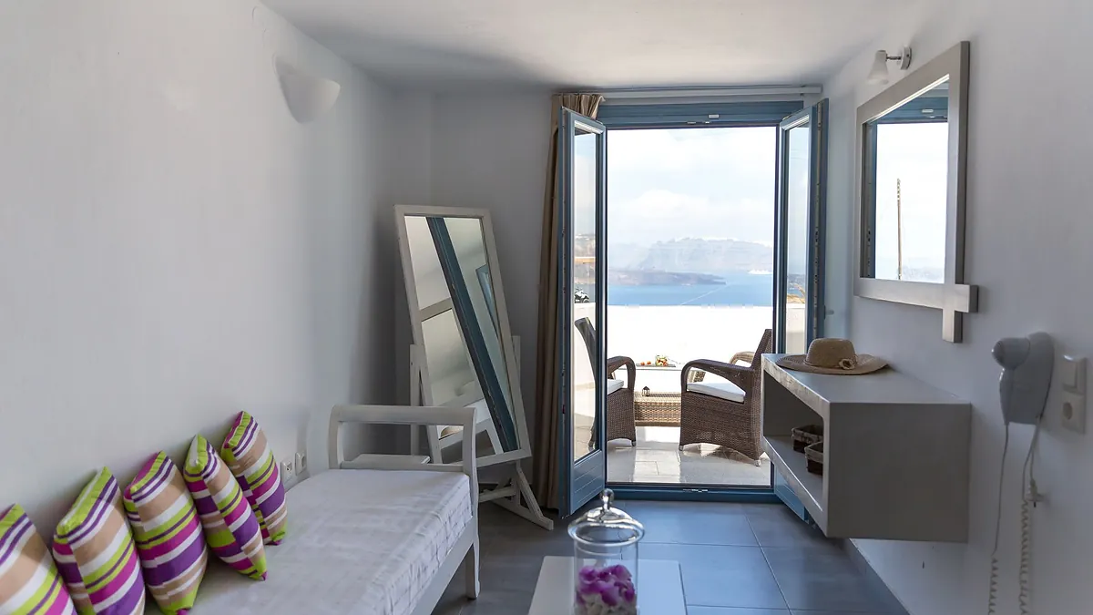 Bedroom with sea view at Caldera Romantica in Santorini