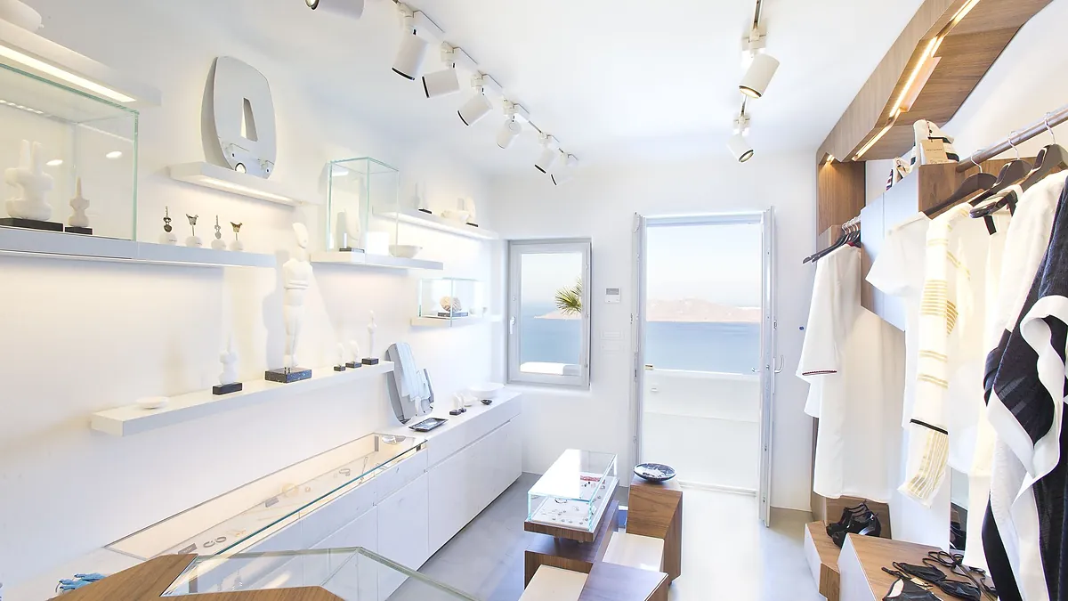Modern bathroom glass shower at Grace Hotel Santorini in Santorini