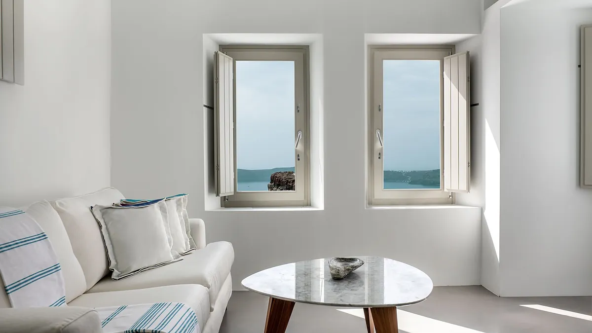 Modern living room sea view at Grace Hotel Santorini in Santorini