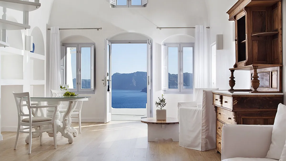Open living suite sea view at Katikies Santorini in Santorini