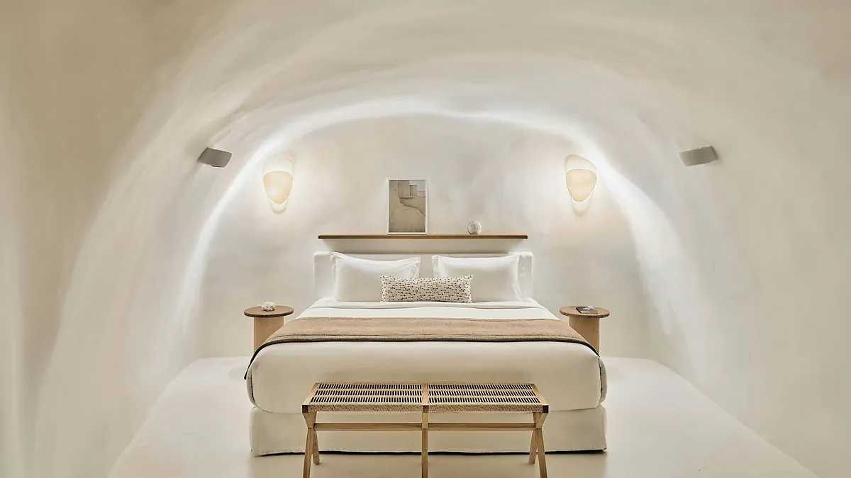 Minimalist villa bedroom view at Mystique, a Luxury Collection Hotel in Santorini