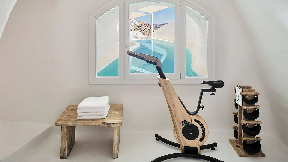 Exercise room caldera view at Mystique, a Luxury Collection Hotel in Santorini