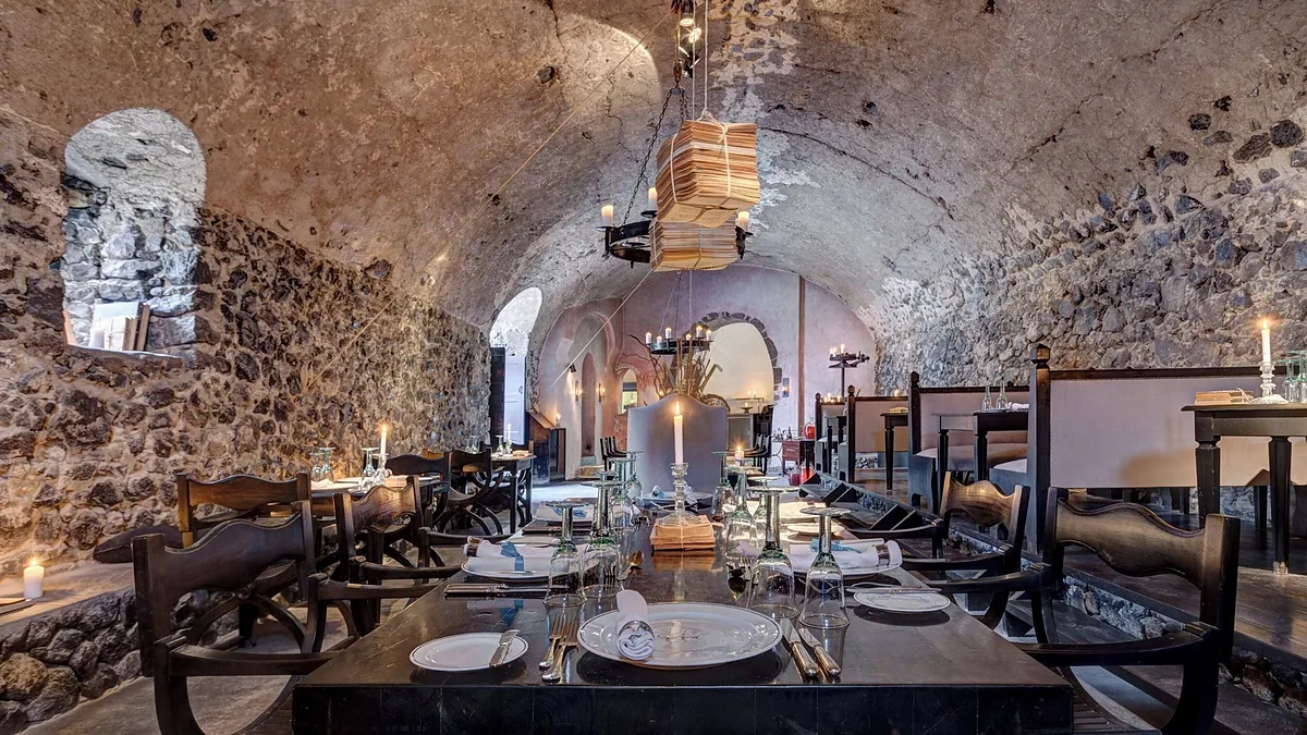 Canava wine cave restaurant at Vedema, a Luxury Collection Resort in Santorini