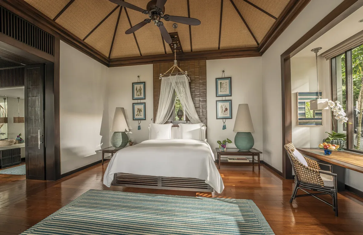 Serenity Pool Villa bedroom with island inspired interiors