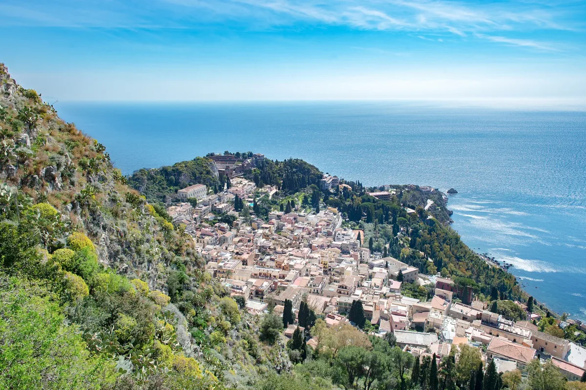 Aerial view of Taormina and the Ionian Sea