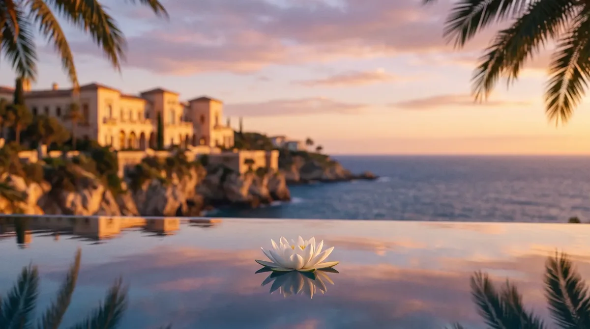 The White Lotus hotels every season, luxury infinity pool at golden hour