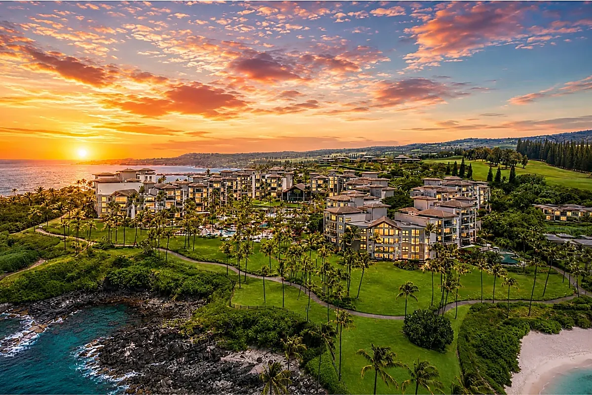 Clear calm snorkelling bay in West Maui with palms and an all suite resort set back from the beach